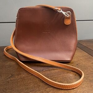 Vera Pelle Small Leather Crossbody Bag 2 Tone Brown Messenger Bag Made In Italy